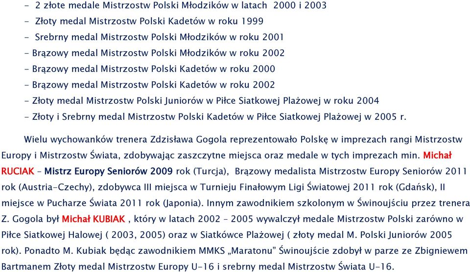 Siatkowej Plażowej w roku 2004 - Złoty i Srebrny medal Mistrzostw Polski Kadetów w Piłce Siatkowej Plażowej w 2005 r.