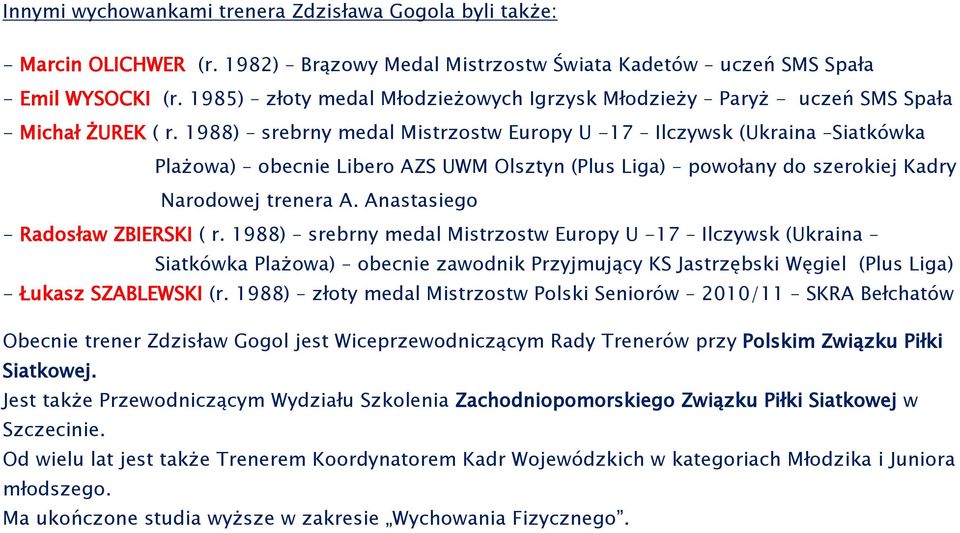 1988) srebrny medal Mistrzostw Europy U -17 Ilczywsk (Ukraina Siatkówka Plażowa) obecnie Libero AZS UWM Olsztyn (Plus Liga) powołany do szerokiej Kadry Narodowej trenera A.