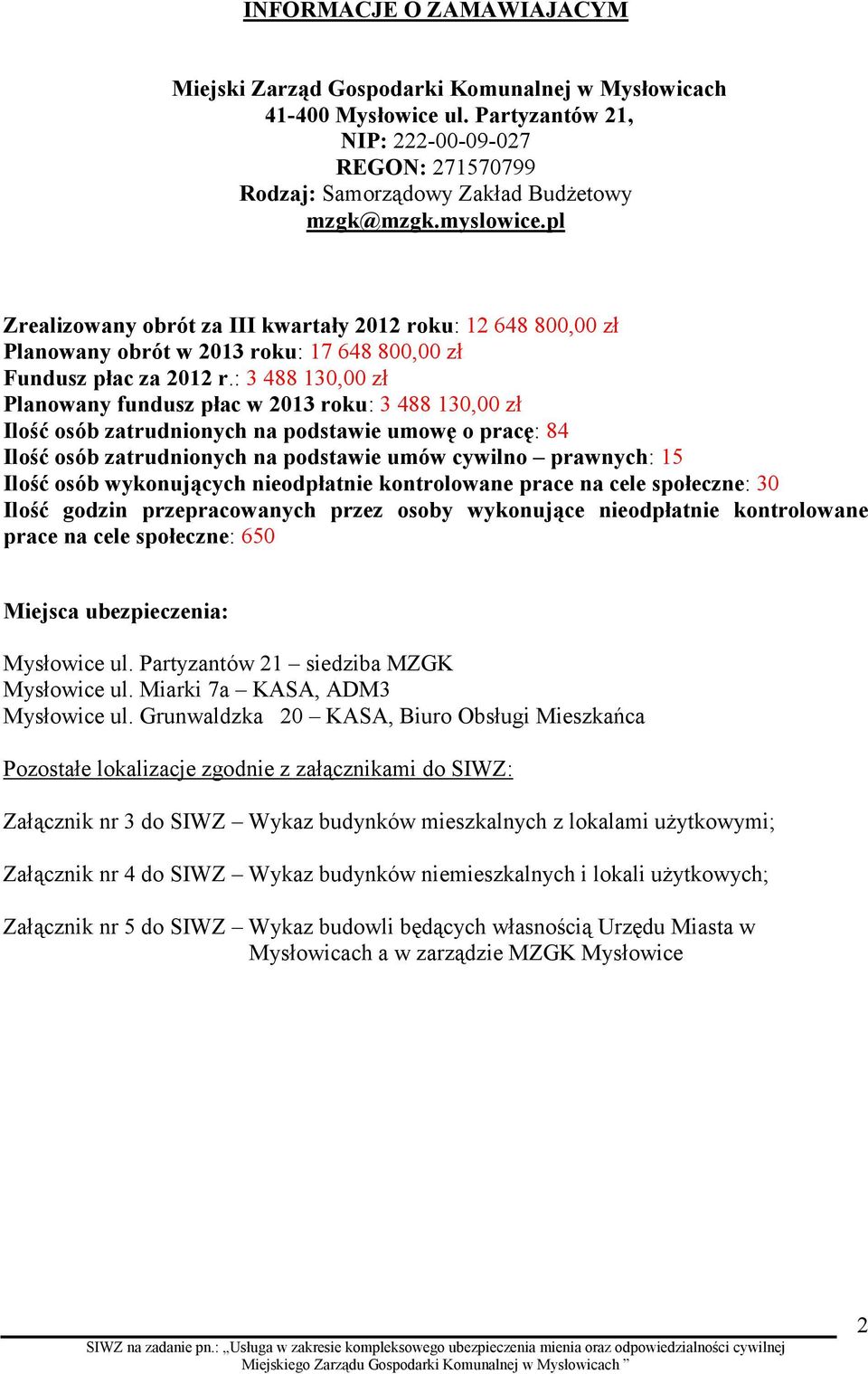 : 3 488 130,00 zł Planowany fundusz płac w 2013 roku: 3 488 130,00 zł Ilość osób zatrudnionych na podstawie umowę o pracę: 84 Ilość osób zatrudnionych na podstawie umów cywilno prawnych: 15 Ilość