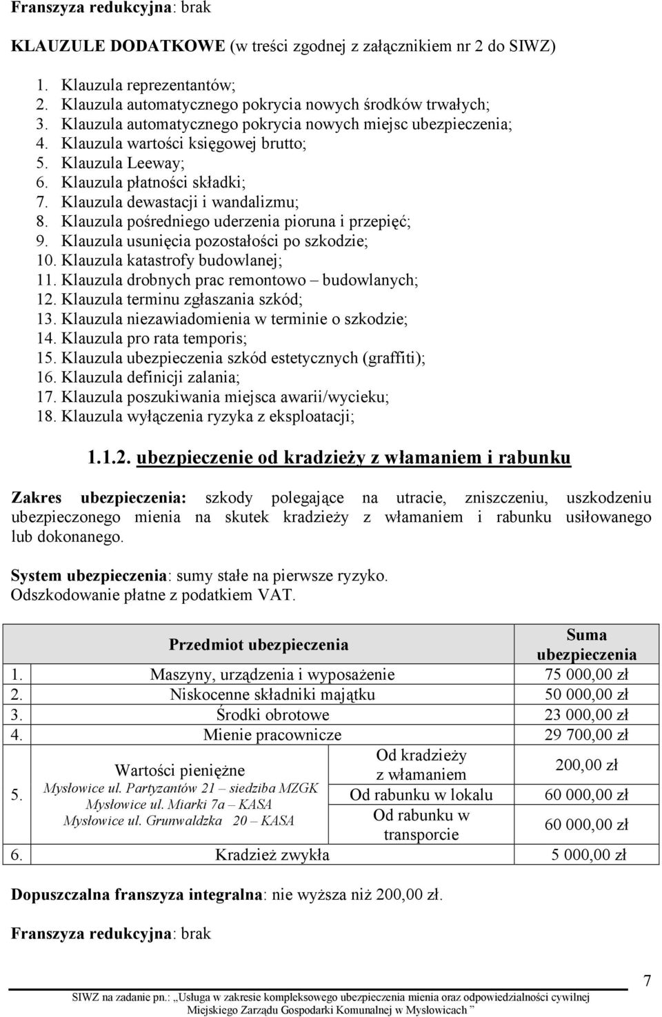 Klauzula pośredniego uderzenia pioruna i przepięć; 9. Klauzula usunięcia pozostałości po szkodzie; 10. Klauzula katastrofy budowlanej; 11. Klauzula drobnych prac remontowo budowlanych; 12.