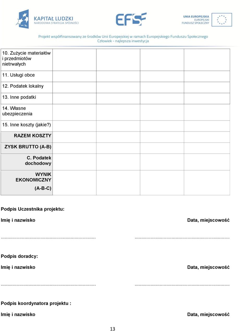 Podatek dochodowy WYNIK EKONOMICZNY (A-B-C) Podpis Uczestnika projektu: Imię i nazwisko Data, miejscowość.