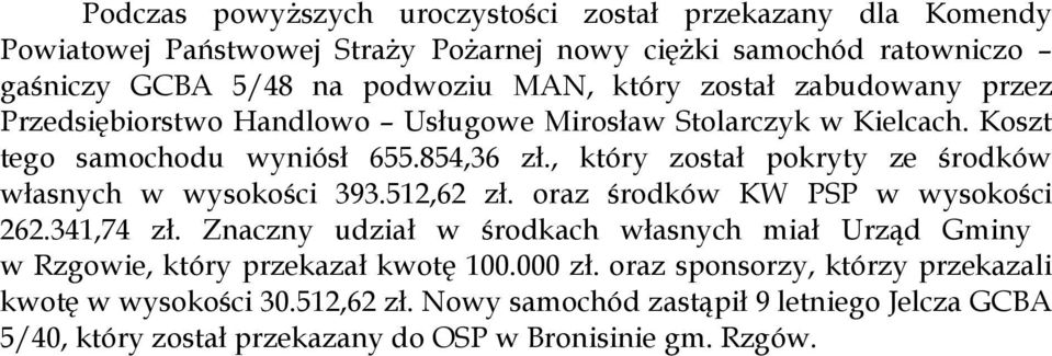 , który został pokryty ze środków własnych w wysokości 393.512,62 zł. oraz środków KW PSP w wysokości 262.341,74 zł.