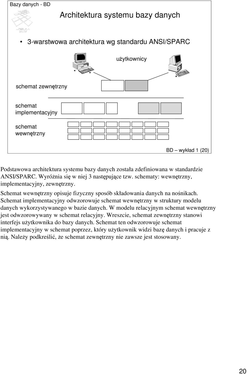 Schemat wewnętrzny opisuje fizyczny sposób składowania danych na nośnikach. Schemat implementacyjny odwzorowuje schemat wewnętrzny w struktury modelu danych wykorzystywanego w bazie danych.