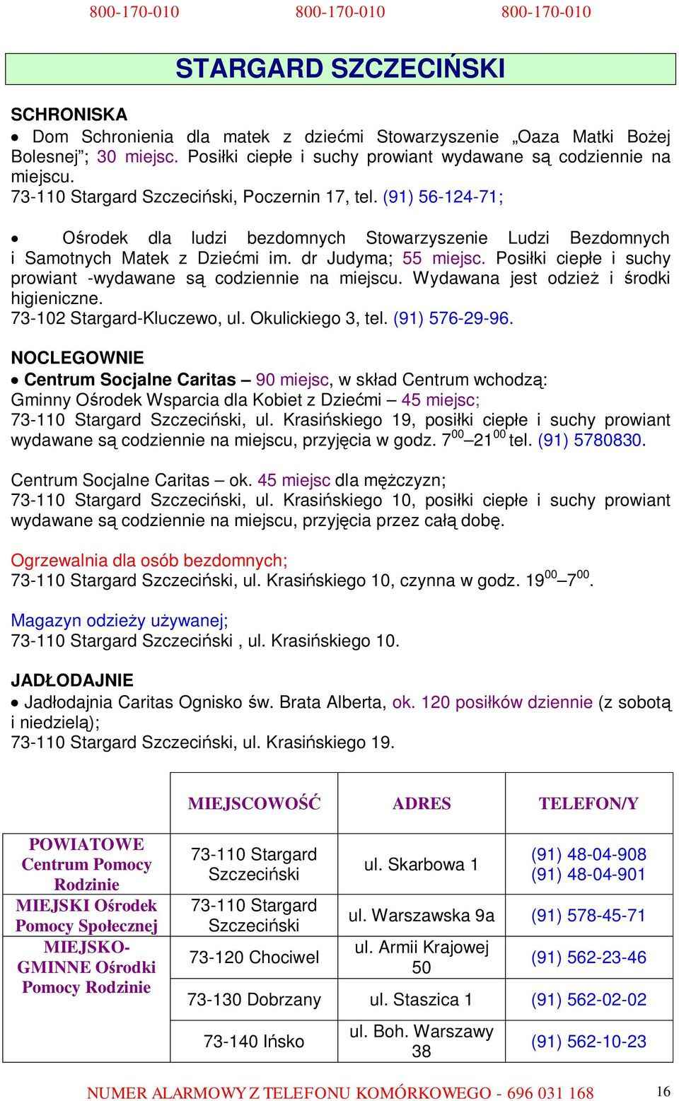 Posiłki ciepłe i suchy prowiant -wydawane są codziennie na miejscu. Wydawana jest odzież i środki higieniczne. 73-102 Stargard-Kluczewo, ul. Okulickiego 3, tel. (91) 576-29-96.