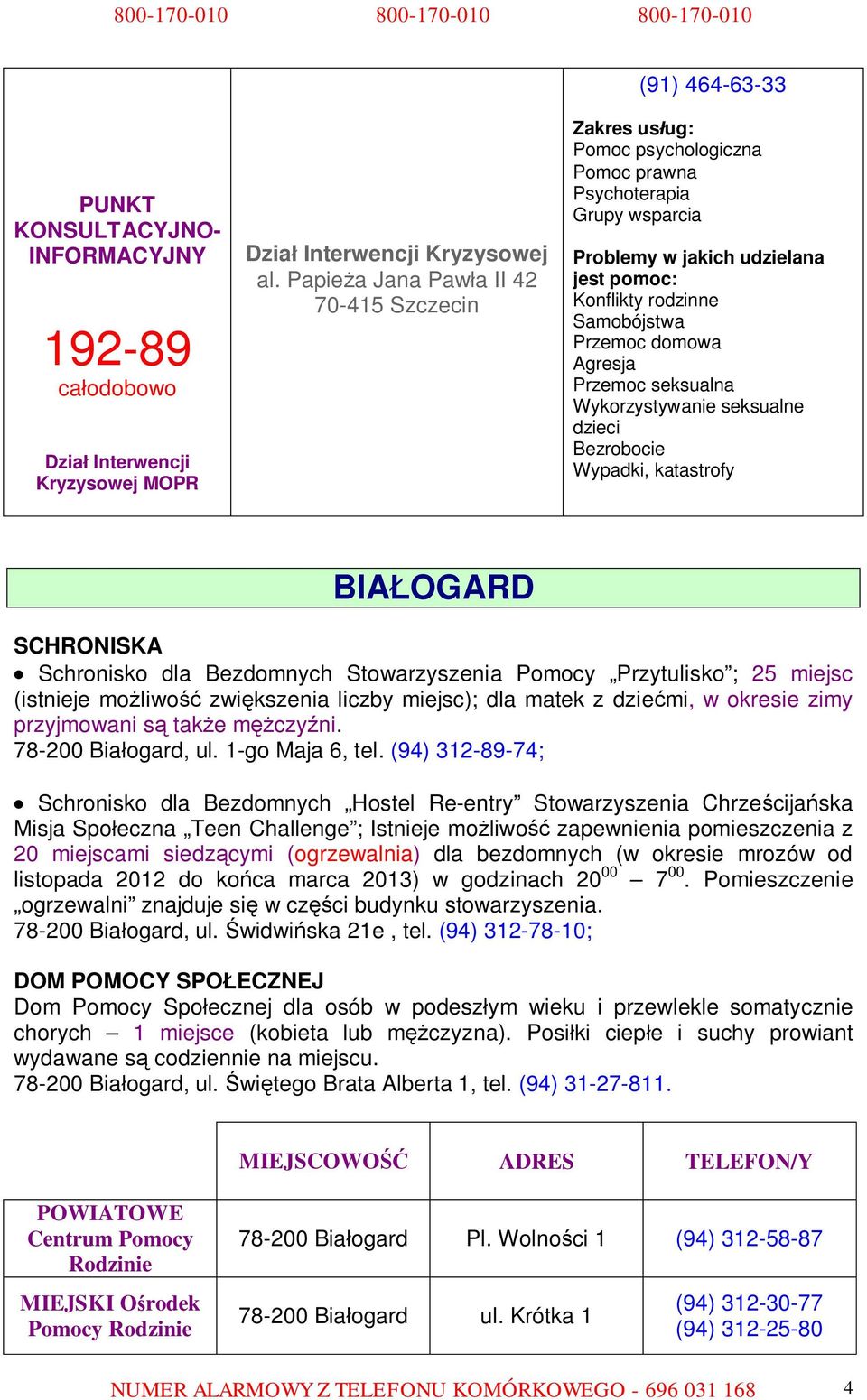 domowa Agresja Przemoc seksualna Wykorzystywanie seksualne dzieci Bezrobocie Wypadki, katastrofy BIAŁOGARD SCHRONISKA Schronisko dla Bezdomnych Stowarzyszenia Pomocy Przytulisko ; 25 miejsc (istnieje