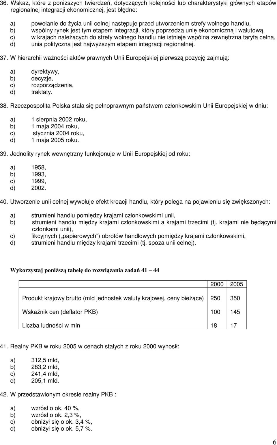 zewnętrzna taryfa celna, d) unia polityczna jest najwyŝszym etapem integracji regionalnej. 37.