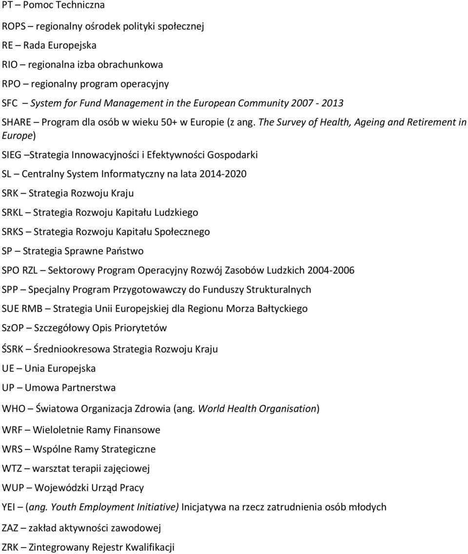 The Survey of Health, Ageing and Retirement in Europe) SIEG Strategia Innowacyjności i Efektywności Gospodarki SL Centralny System Informatyczny na lata 2014-2020 SRK Strategia Rozwoju Kraju SRKL