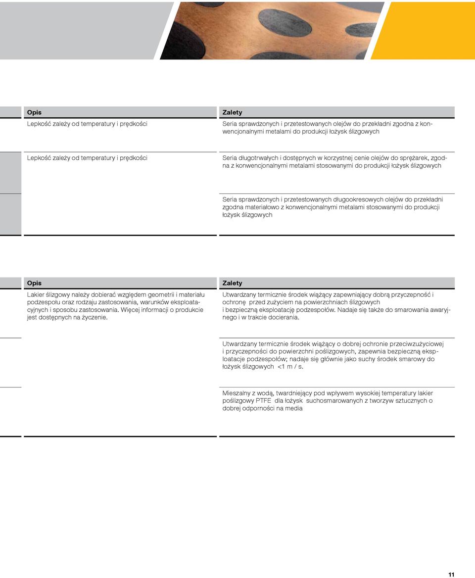 przetestowanych długookresowych olejów do przekładni zgodna materiałowo z konwencjonalnymi metalami stosowanymi do produkcji łożysk ślizgowych Opis Lakier ślizgowy należy dobierać względem geometrii