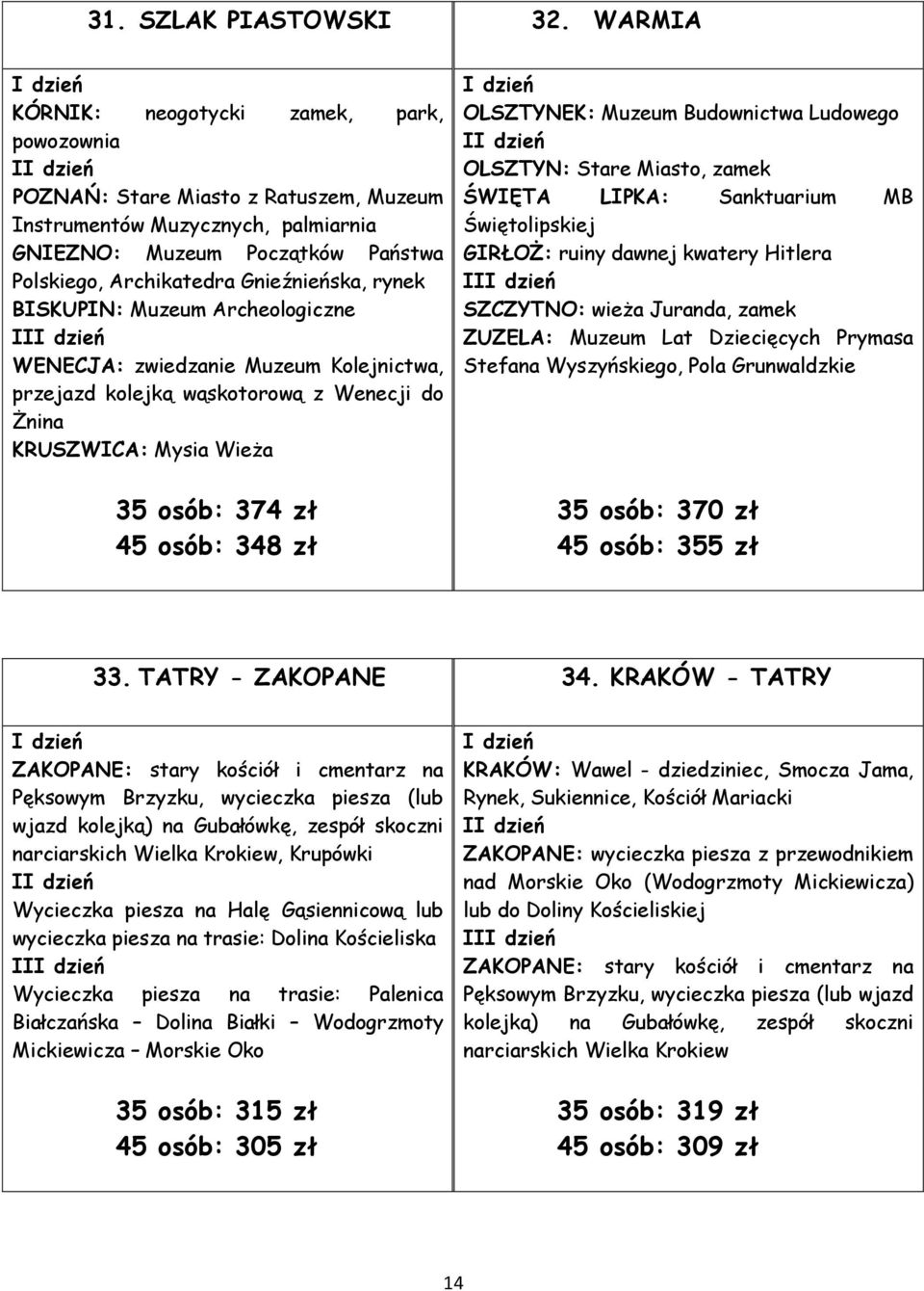 rynek BISKUPIN: Muzeum Archeologiczne II WENECJA: zwiedzanie Muzeum Kolejnictwa, przejazd kolejką wąskotorową z Wenecji do Żnina KRUSZWICA: Mysia Wieża 35 osób: 374 zł 45 osób: 348 zł OLSZTYNEK:
