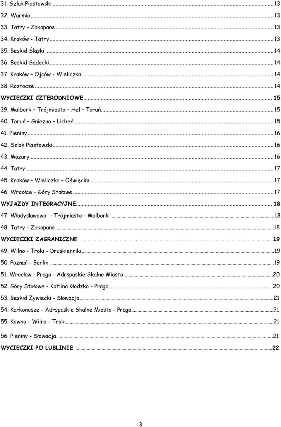 Kraków Wieliczka Oświęcim... 17 46. Wrocław Góry Stołowe... 17 WYJAZDY INTEGRACYJNE... 18 47. Władysławowo - Trójmiasto - Malbork...18 48. Tatry - Zakopane.18 WYCIECZKI ZAGRANICZNE..... 19 49.