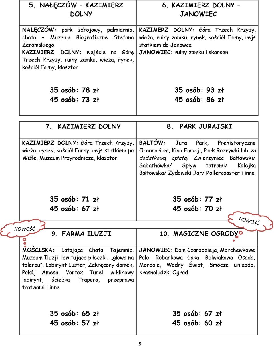 KAZIMIERZ DOLNY JANOWIEC KAZIMERZ DOLNY: Góra Trzech Krzyży, wieża, ruiny zamku, rynek, kościół Farny, rejs statkiem do Janowca JANOWIEC: ruiny zamku i skansen 35 osób: 78 zł 45 osób: 73 zł 35 osób: