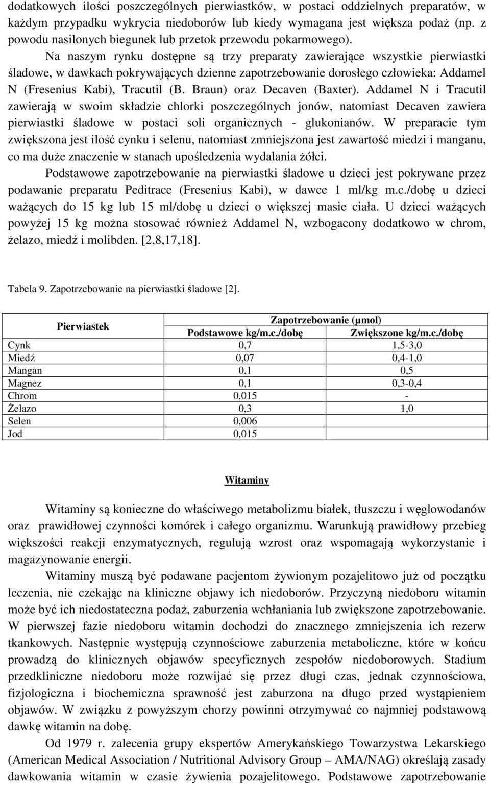 Na naszym rynku dostępne są trzy preparaty zawierające wszystkie pierwiastki śladowe, w dawkach pokrywających dzienne zapotrzebowanie dorosłego człowieka: Addamel N (Fresenius Kabi), Tracutil (B.