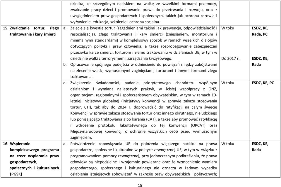 Zajęcie się kwestią tortur (zagadnieniami takimi jak prewencja, odpowiedzialność i resocjalizacja), złego traktowania i kary śmierci (zniesieniem, moratorium i minimalnymi standardami) w kompleksowy