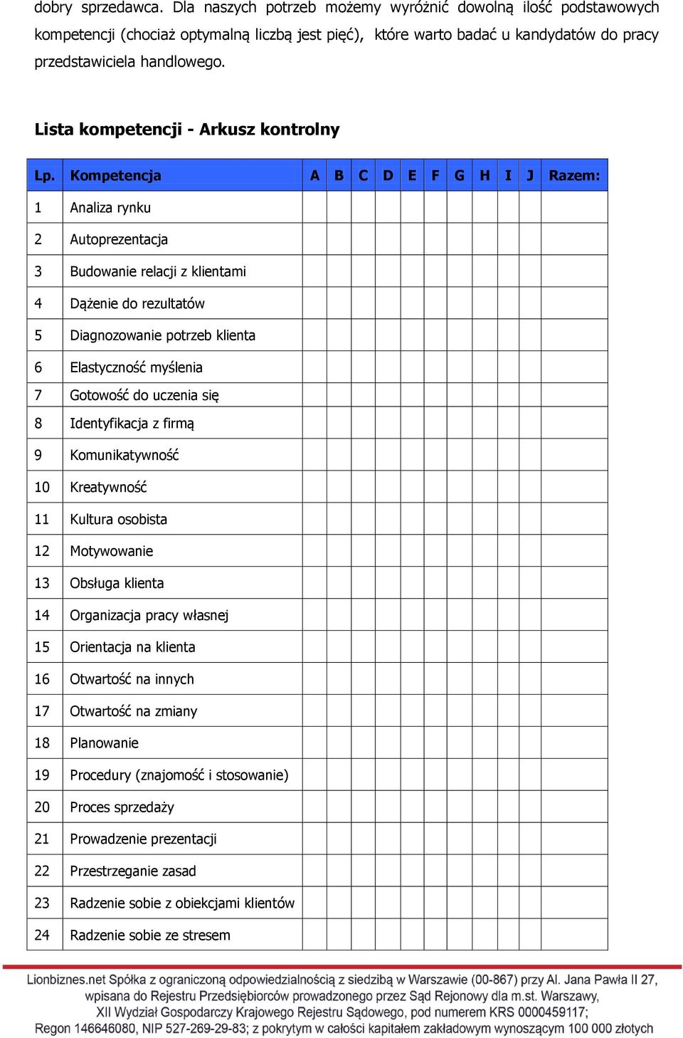 Kompetencja A B C D E F G H I J Razem: 1 Analiza rynku 2 Autoprezentacja 3 Budowanie relacji z mi 4 Dążenie do rezultatów 5 Diagnozowanie potrzeb 6 Elastyczność myślenia 7 Gotowość do uczenia się 8