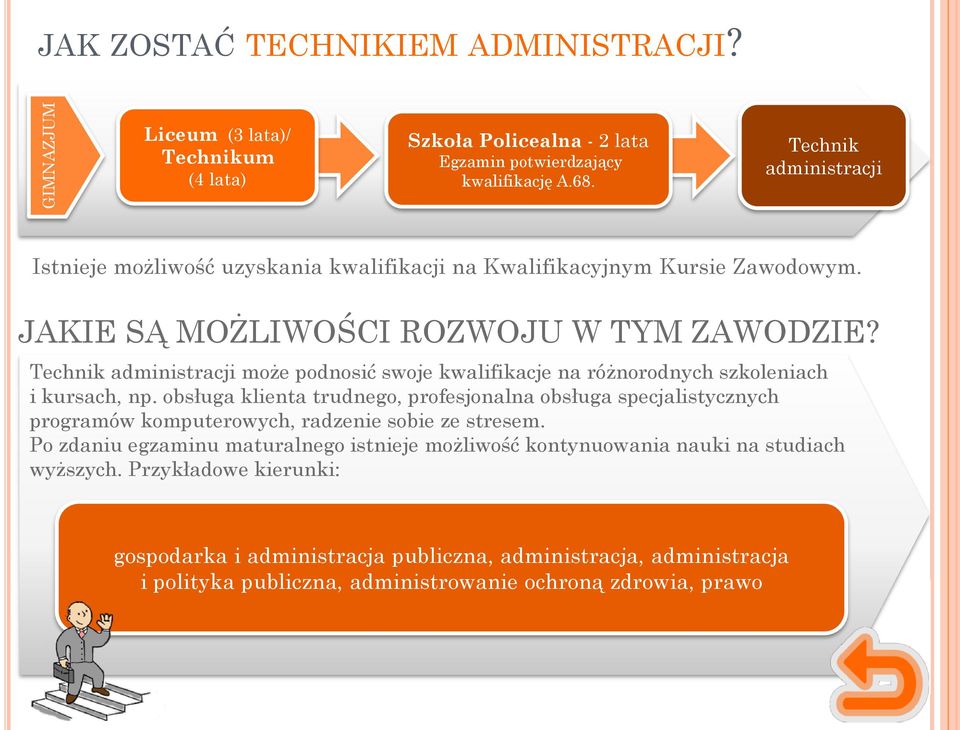 Technik administracji może podnosić swoje kwalifikacje na różnorodnych szkoleniach i kursach, np.