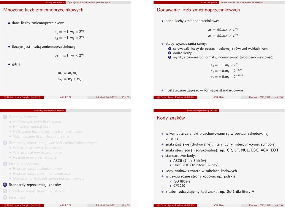 m 2 2 w 2 iloczyn jest liczbą zmiennoprzecinkową a 3 = ±1.m 3 2 w 3 dane liczby zmiennoprzecinkowe: etapy wyznaczania sumy: a 1 = ±1.