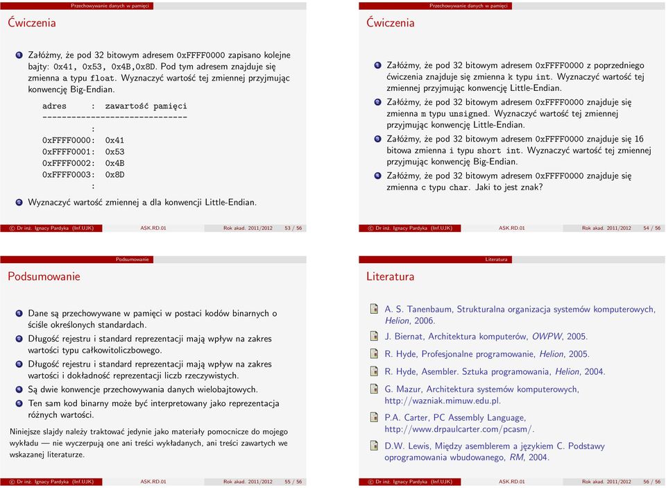 adres : zawartość pamięci ------------------------------ : 0xFFFF0000: 0x41 0xFFFF0001: 0x53 0xFFFF0002: 0x4B 0xFFFF0003: 0x8D : 2 Wyznaczyć wartość zmiennej a dla konwencji Little-Endian.