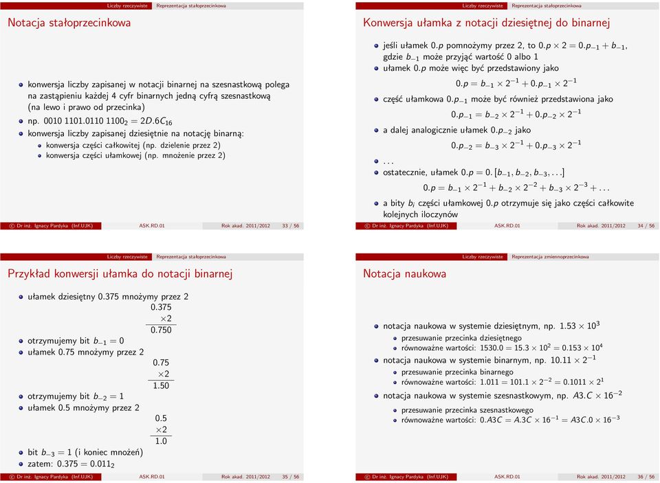 mnożenie przez 2) c Dr inż. Ignacy Pardyka (Inf.UJK) ASK.RD.01 Rok akad. 2011/2012 33 / 56 Konwersja ułamka z notacji dziesiętnej do binarnej jeśli ułamek 0.p pomnożymy przez 2, to 0.p 2 = 0.
