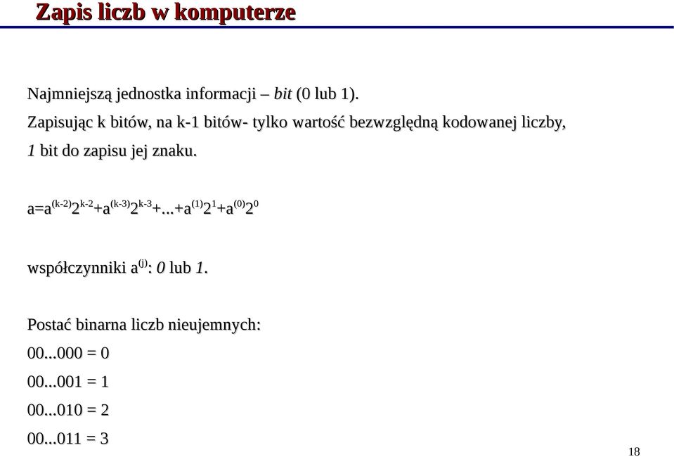 zapisu jej znaku. a=a (k-2) (k-2) 2 k-2 +a (k-3) 2 k-3 k-3 +.