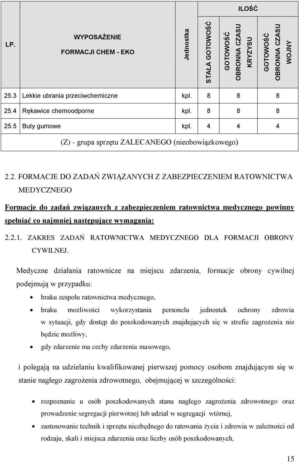 2. FORMACJE DO ZADAŃ ZWIĄZANYCH Z ZABEZPIECZENIEM RATOWNICTWA MEDYCZNEGO Formacje do zadań związanych z zabezpieczeniem ratownictwa medycznego powinny spełniać co najmniej następujące wymagania: 2.2.1.