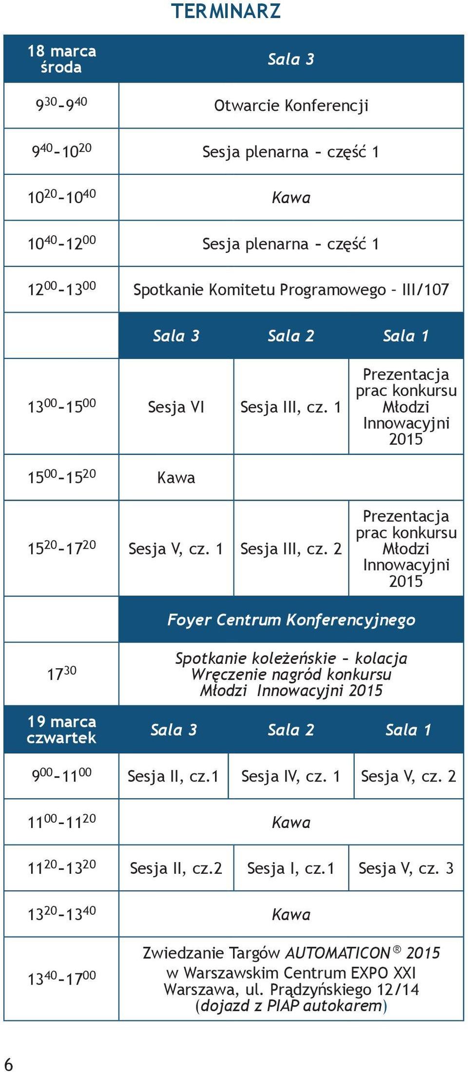 2 Prezentacja prac konkursu Młodzi Innowacyjni 2015 Foyer Centrum Konferencyjnego Spotkanie koleżeńskie - kolacja 17 30 Wręczenie nagród konkursu Młodzi Innowacyjni 2015 19 marca czwartek Sala 3 Sala