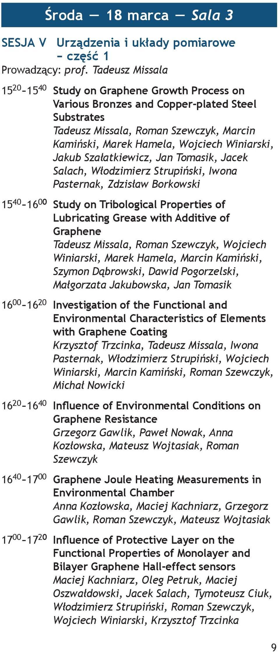 Jakub Szałatkiewicz, Jan Tomasik, Jacek Salach, Włodzimierz Strupiński, Iwona Pasternak, Zdzisław Borkowski 15 40-16 00 Study on Tribological Properties of Lubricating Grease with Additive of