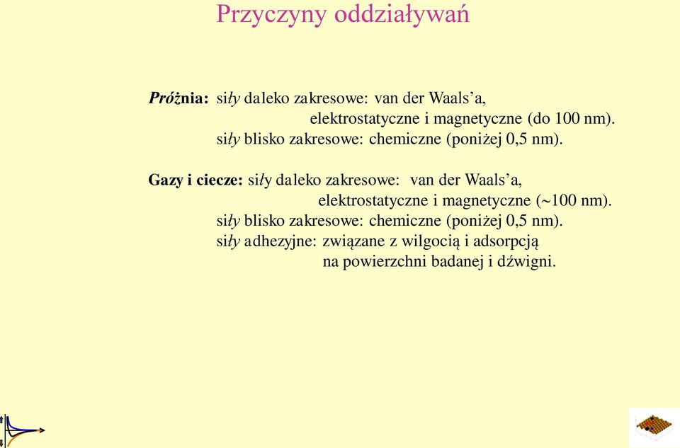 Gazy i ciecze: siły daleko zakresowe: van der Waals a, elektrostatyczne i magnetyczne ( 100 nm).