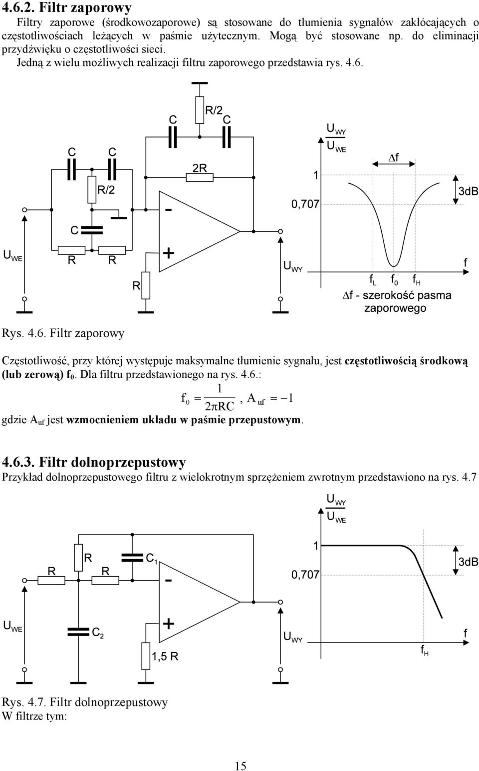 ys. 4.6. Filtr zaporowy Częstotliwość, przy której występuje maksymalne tłumienie sygnału, jest częstotliwością środkową (lub zerową) f 0. Dla filtru przedstawionego na rys. 4.6.: f0 =, A π C uf = gdzie A uf jest wzmocnieniem układu w paśmie przepustowym.