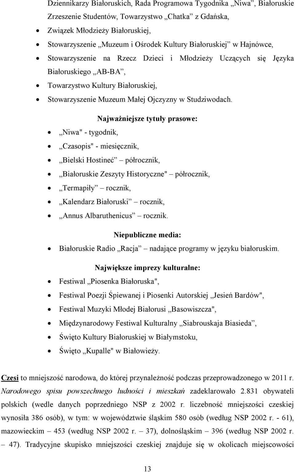 Najważniejsze tytuły prasowe: Niwa" - tygodnik, Czasopis" - miesięcznik, Bielski Hostineć półrocznik, Białoruskie Zeszyty Historyczne" półrocznik, Termapiły rocznik, Kalendarz Białoruski rocznik,