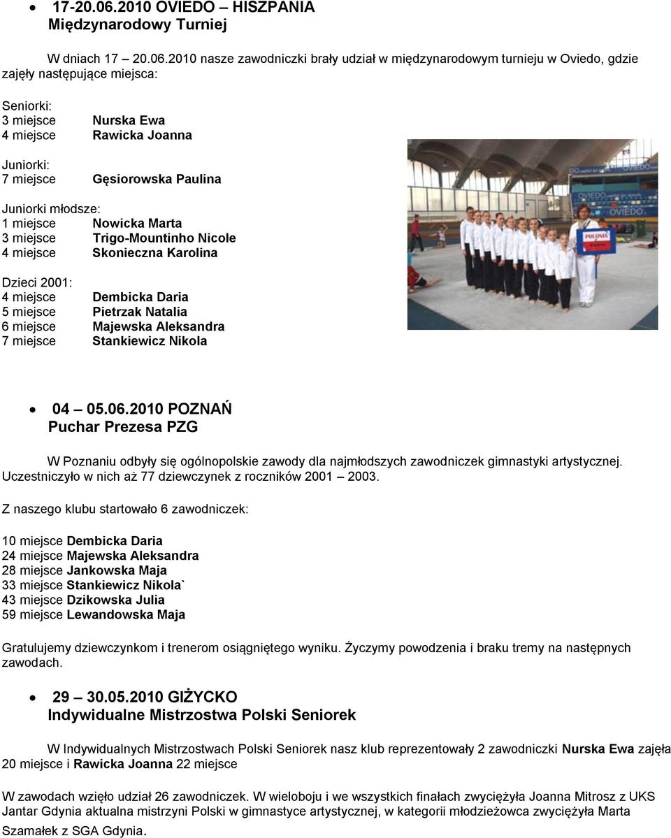 2010 nasze zawodniczki brały udział w międzynarodowym turnieju w Oviedo, gdzie zajęły następujące miejsca: Seniorki: 3 miejsce Nurska Ewa 4 miejsce Rawicka Joanna Juniorki: 7 miejsce Gęsiorowska