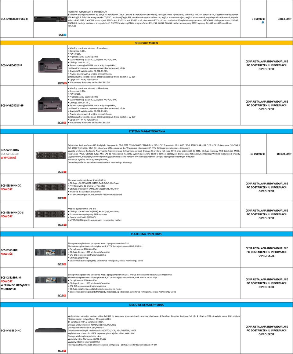 4TB każdy) lub 6 dysków + nagrywarka CD/DVD, audio wej/wyj 8/1, dwukierunkowy tor audio tak, wyjścia przelotowe jest, wejścia alarmowe 8, wyjścia przekaźnikowe 6, wyjścia video BNC, VGA, 2 x HDMI,