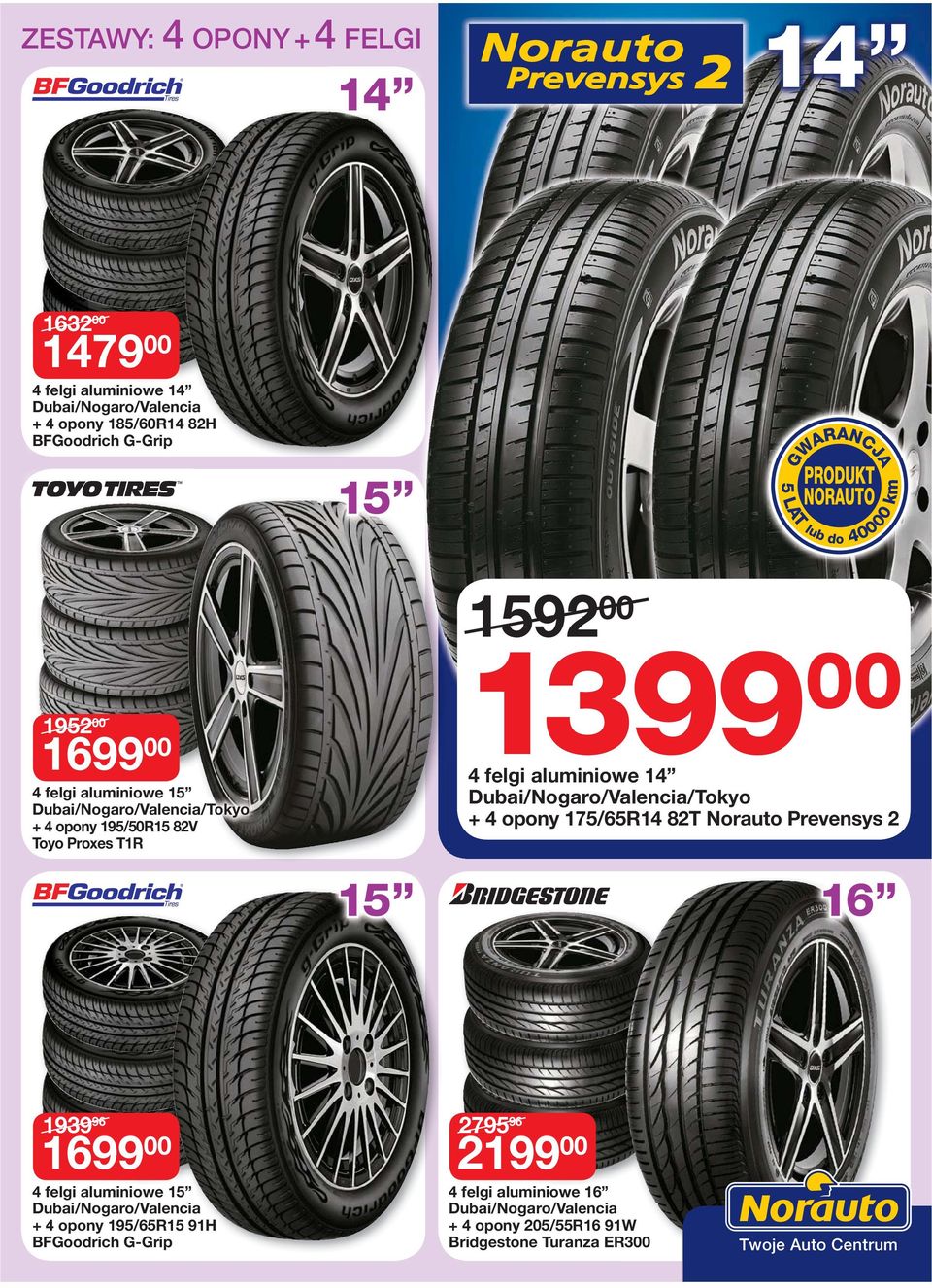 aluminiowe 14 Dubai/Nogaro/Valencia/Tokyo + 4 opony 175/65R14 82T Norauto Prevensys 2 16 1939 16 96 4 felgi aluminiowe 15