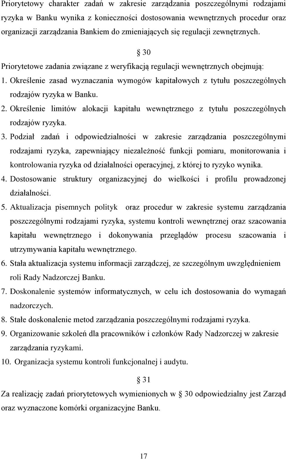 Określenie zasad wyznaczania wymogów kapitałowych z tytułu poszczególnych rodzajów ryzyka w Banku. 2. Określenie limitów alokacji kapitału wewnętrznego z tytułu poszczególnych rodzajów ryzyka. 3.