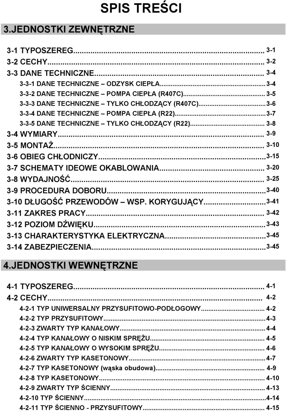 .. 3-3-6 OBIEG CHŁODNICZY...3-15 3-7 SCHEMATY IDEOWE OKABLOWANIA... 3-20 3-8 WYDAJNOŚĆ... 3-25 3-9 PROCEDURA DOBORU...3-40 3- DŁUGOŚĆ PRZEWODÓW WSP. KORYGUJĄCY...3-41 3-11 ZAKRES PRACY.