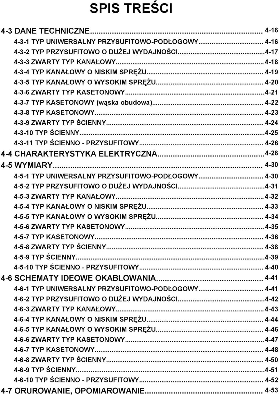 .. 4-23 4-3-9 ZWARTY TYP ŚCIENNY... 4-24 4-3- TYP ŚCIENNY...4-25 4-3-11 TYP ŚCIENNO - PRZYSUFITOWY... 4-26 4-4 CHARAKTERYSTYKA ELEKTRYCZNA...4-28 4-5 WYMIARY.