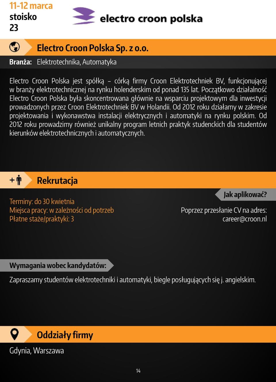 Początkowo działalność Electro Croon Polska była skoncentrowana głównie na wsparciu projektowym dla inwestycji prowadzonych przez Croon Elektrotechniek BV w Holandii.