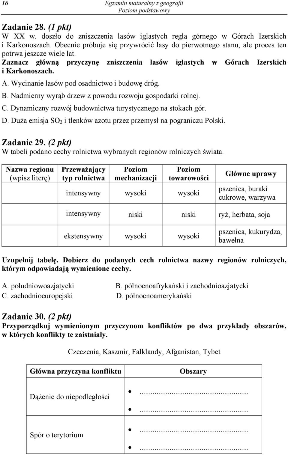 Wycinanie lasów pod osadnictwo i budowę dróg. B. Nadmierny wyrąb drzew z powodu rozwoju gospodarki rolnej. C. Dynamiczny rozwój budownictwa turystycznego na stokach gór. D. Duża emisja SO 2 i tlenków azotu przez przemysł na pograniczu Polski.