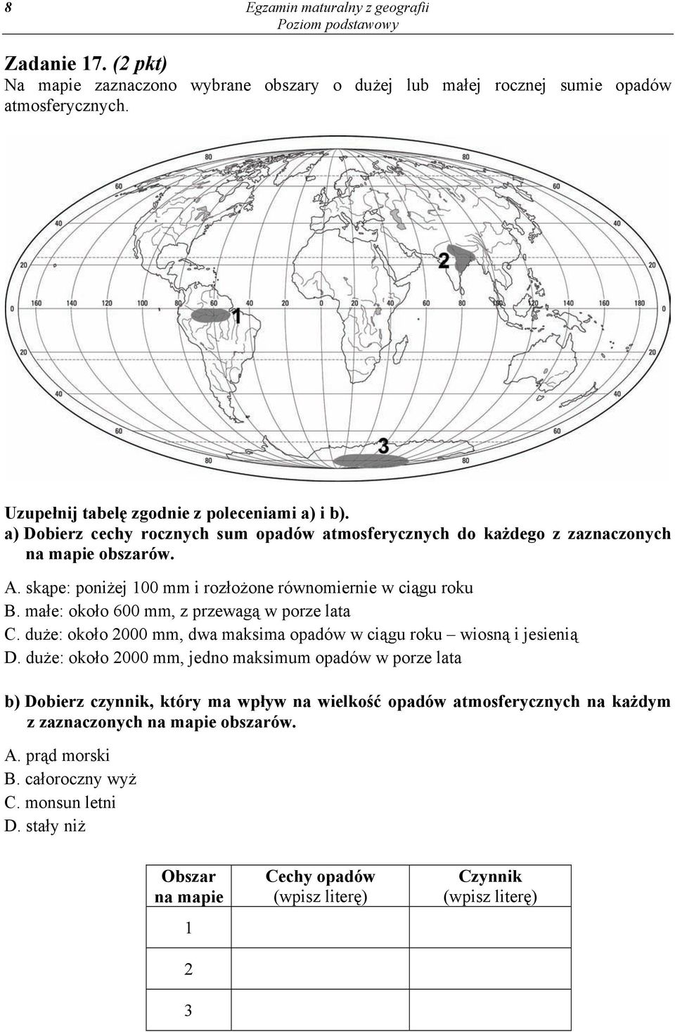 małe: około 600 mm, z przewagą w porze lata C. duże: około 2000 mm, dwa maksima opadów w ciągu roku wiosną i jesienią D.