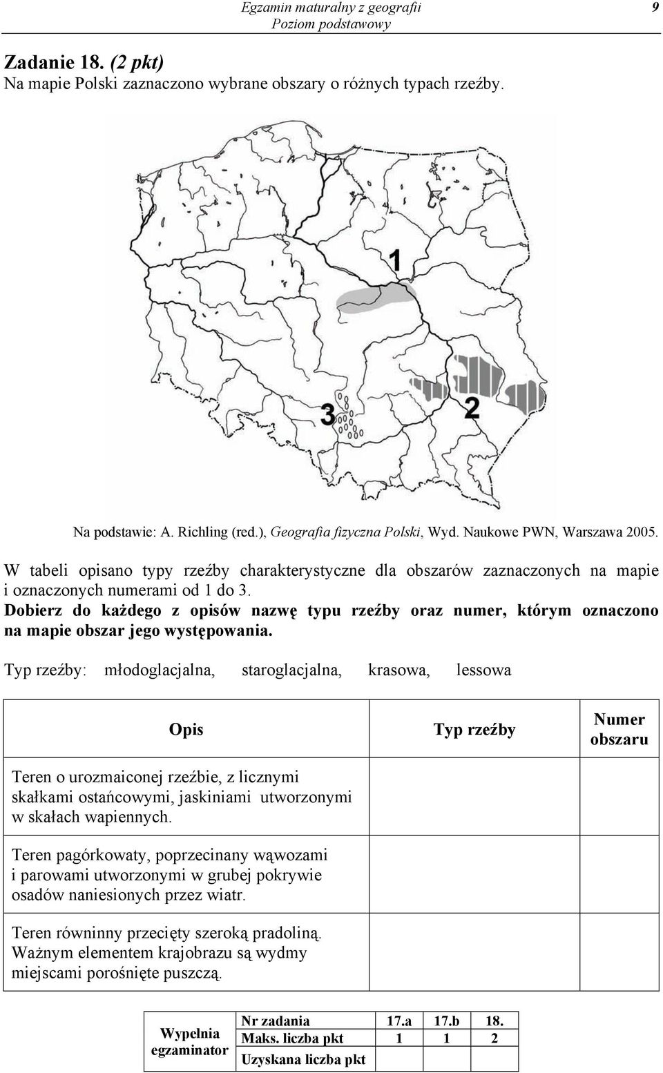 Dobierz do każdego z opisów nazwę typu rzeźby oraz numer, którym oznaczono na mapie obszar jego występowania.