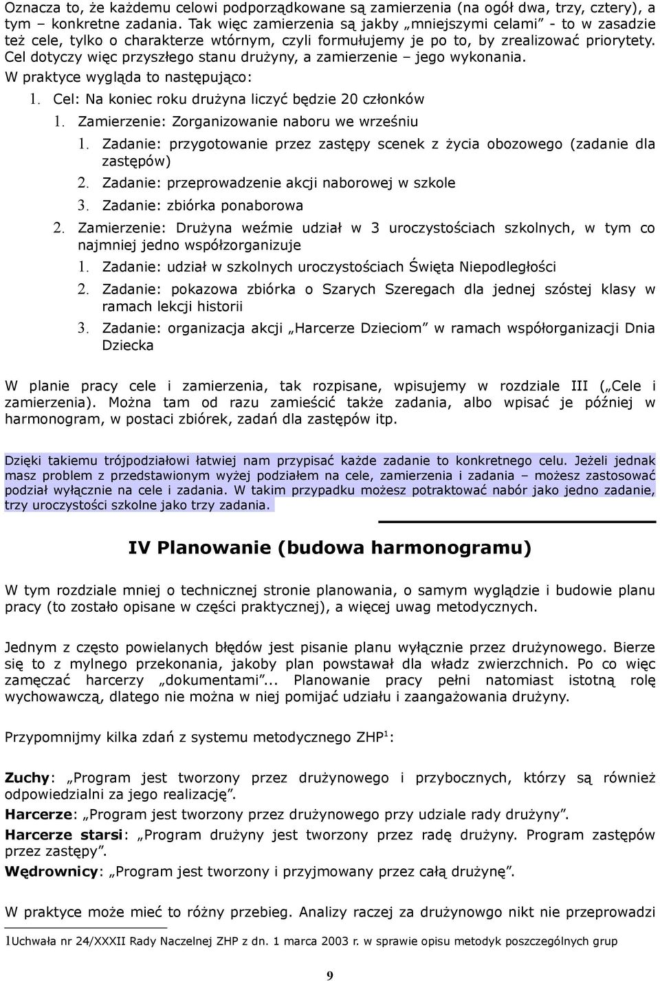 Cel dotyczy więc przyszłego stanu drużyny, a zamierzenie jego wykonania. W praktyce wygląda to następująco: 1. Cel: Na koniec roku drużyna liczyć będzie 20 członków 1.