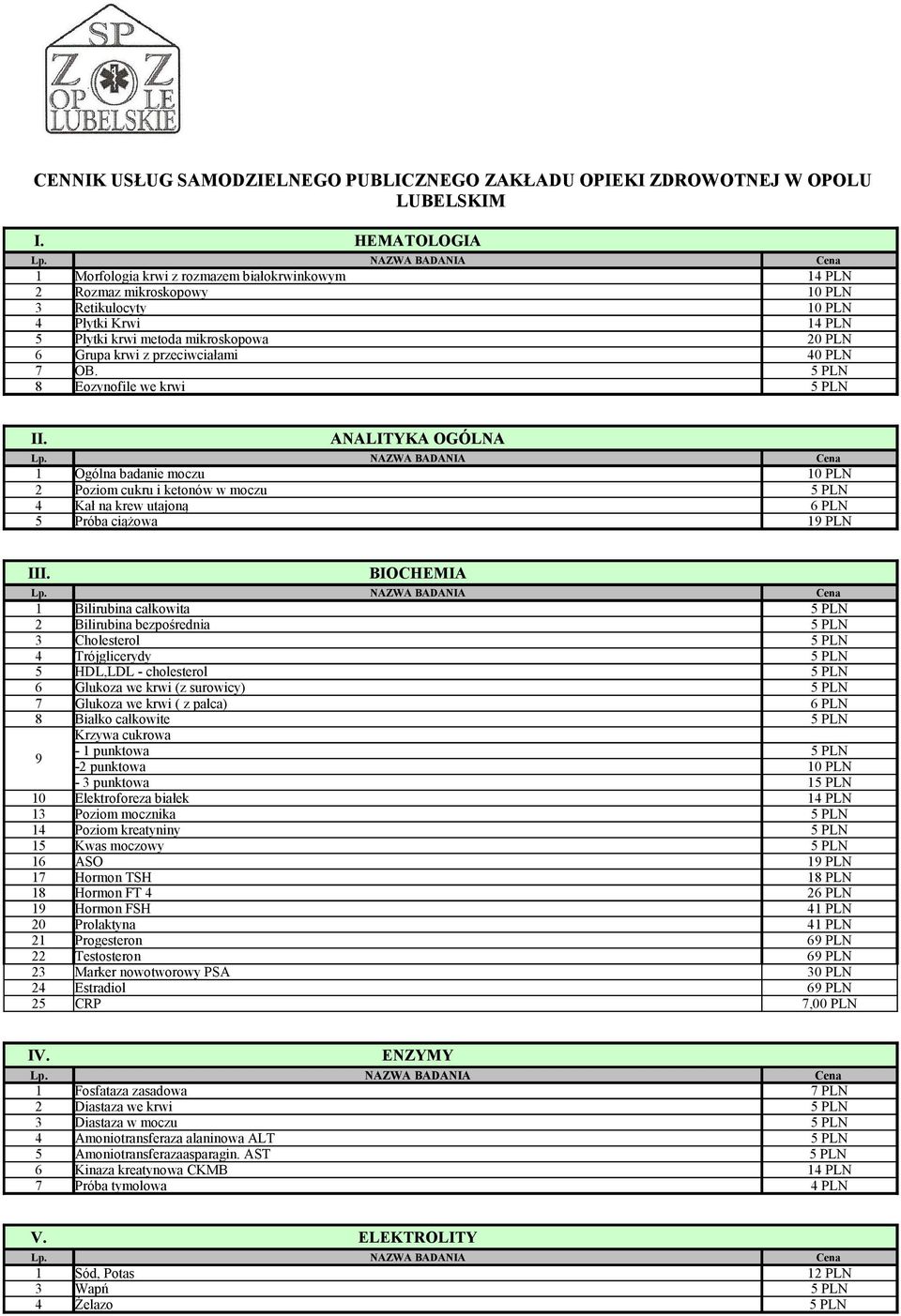 przeciwciałami 40 PLN 7 OB. 5 PLN 8 Eozynofile we krwi 5 PLN II.