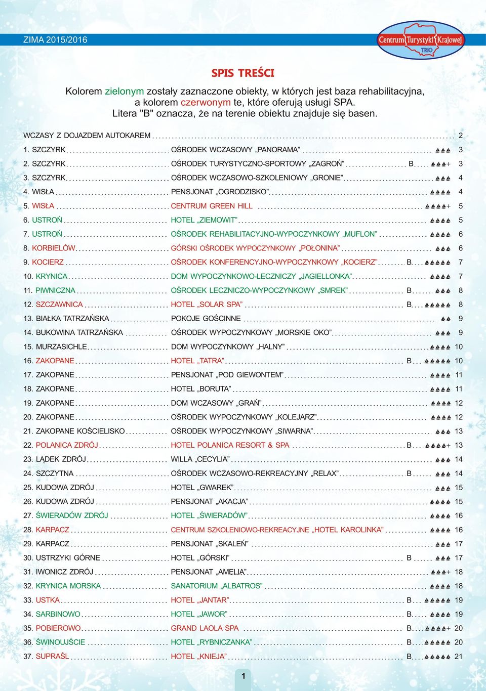 SZCZYRK OŚRODEK WCZASOWO-SZKOLENIOWY GRONIE 4 4. WISŁA PENSJONAT OGRODZISKO 4 5. WISŁA CENTRUM GREEN HILL 5 6. USTROŃ HOTEL ZIEMOWIT 5 7. USTROŃ OŚRODEK REHAILITACYJNO-WYPOCZYNKOWY MUFLON 6 8.