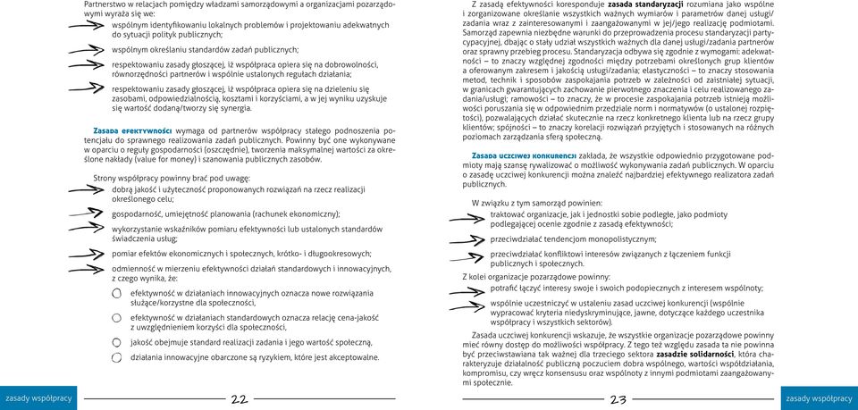 działania; respektowaniu zasady głoszącej, iż współpraca opiera się na dzieleniu się zasobami, odpowiedzialnością, kosztami i korzyściami, a w jej wyniku uzyskuje się wartość dodaną/tworzy się