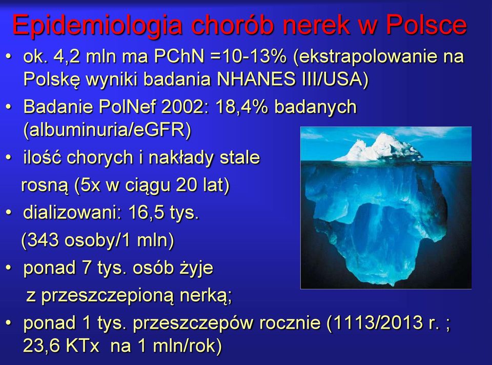 2002: 18,4% badanych (albuminuria/egfr) ilość chorych i nakłady stale rosną (5x w ciągu 20 lat)