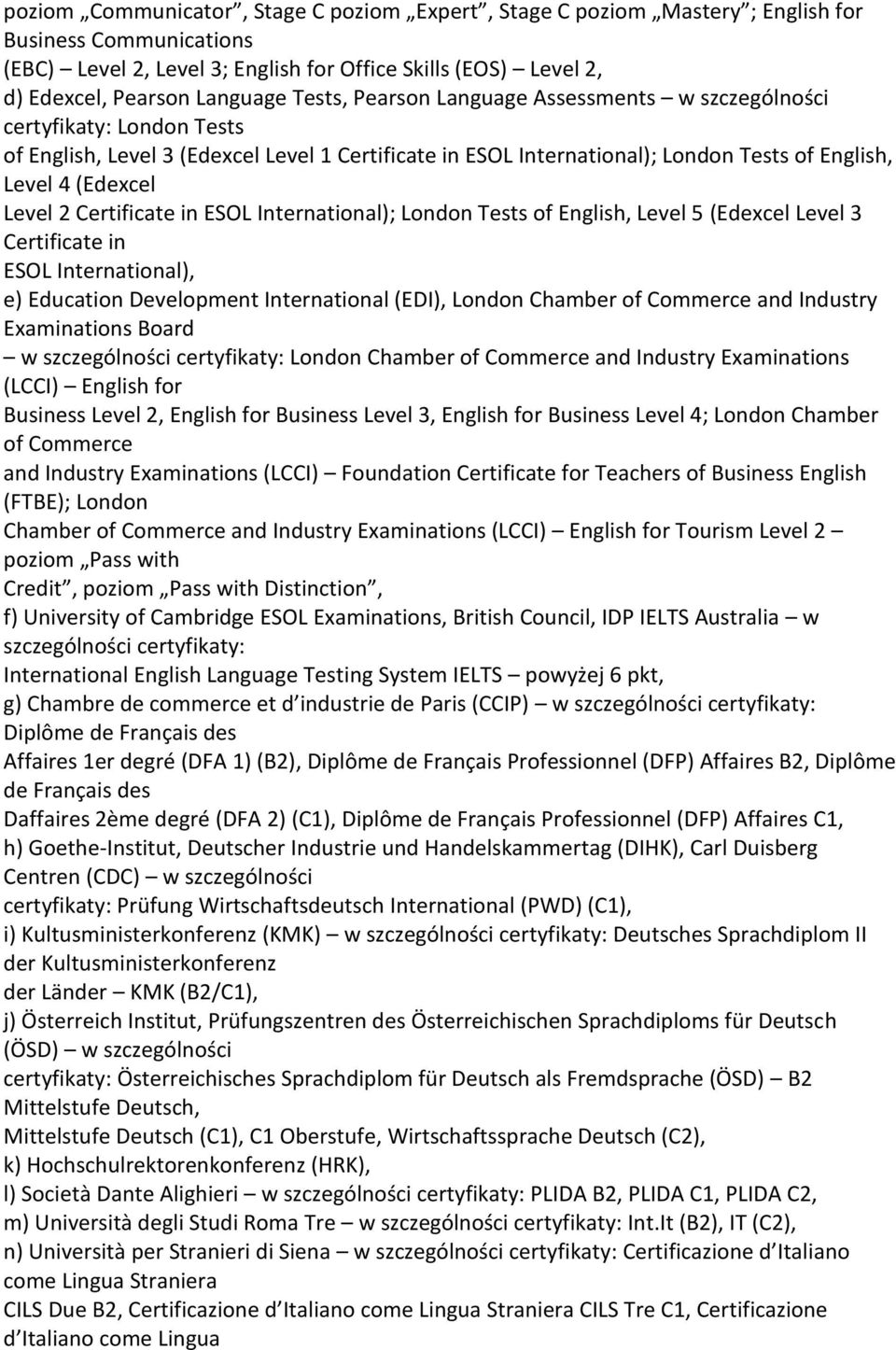 2 Certificate in ESOL International); London Tests of English, Level 5 (Edexcel Level 3 Certificate in ESOL International), e) Education Development International (EDI), London Chamber of Commerce