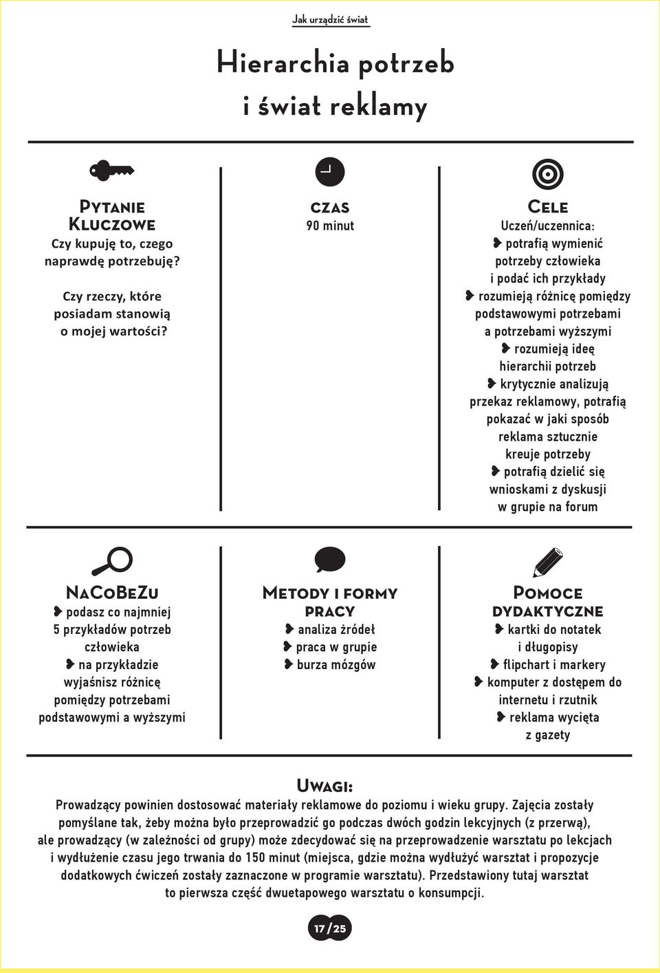 potrzeb krytycznie analizują przekaz reklamowy, potrafią pokazać w jaki sposób reklama sztucznie kreuje potrzeby potrafią dzielić się wnioskami z dyskusji w grupie na forum NaCoBeZu podasz co