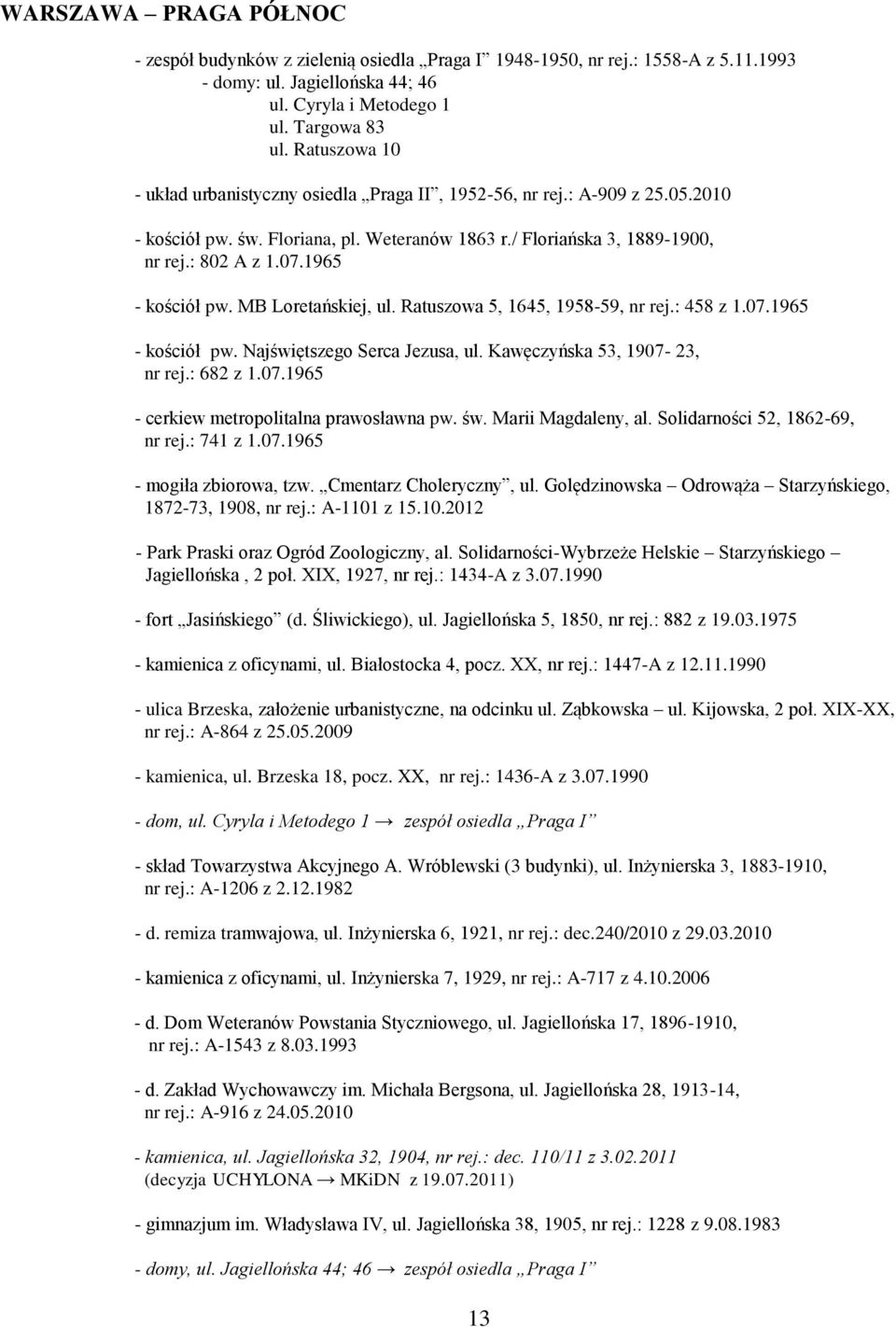 1965 - kościół pw. MB Loretańskiej, ul. Ratuszowa 5, 1645, 1958-59, nr rej.: 458 z 1.07.1965 - kościół pw. Najświętszego Serca Jezusa, ul. Kawęczyńska 53, 1907-23, nr rej.: 682 z 1.07.1965 - cerkiew metropolitalna prawosławna pw.