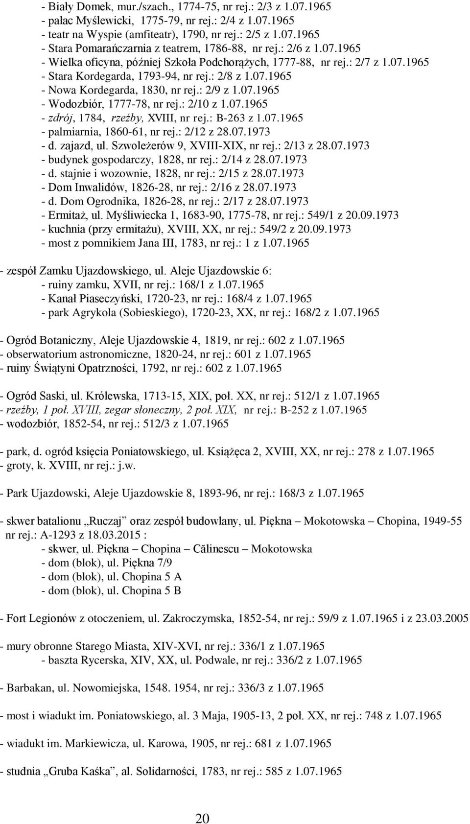: 2/10 z 1.07.1965 - zdrój, 1784, rzeźby, XVIII, nr rej.: B-263 z 1.07.1965 - palmiarnia, 1860-61, nr rej.: 2/12 z 28.07.1973 - d. zajazd, ul. Szwoleżerów 9, XVIII-XIX, nr rej.: 2/13 z 28.07.1973 - budynek gospodarczy, 1828, nr rej.