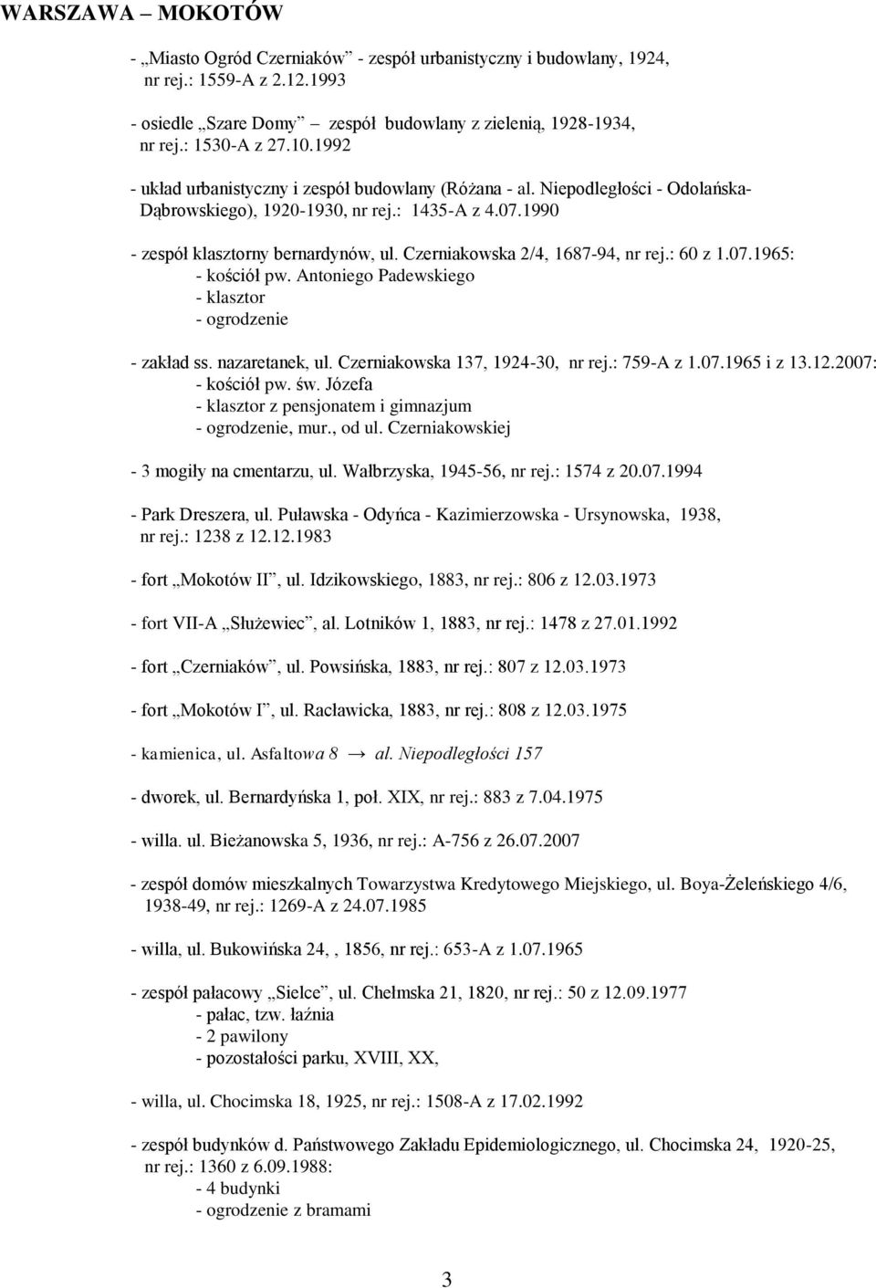 Czerniakowska 2/4, 1687-94, nr rej.: 60 z 1.07.1965: - kościół pw. Antoniego Padewskiego - klasztor - ogrodzenie - zakład ss. nazaretanek, ul. Czerniakowska 137, 1924-30, nr rej.: 759-A z 1.07.1965 i z 13.