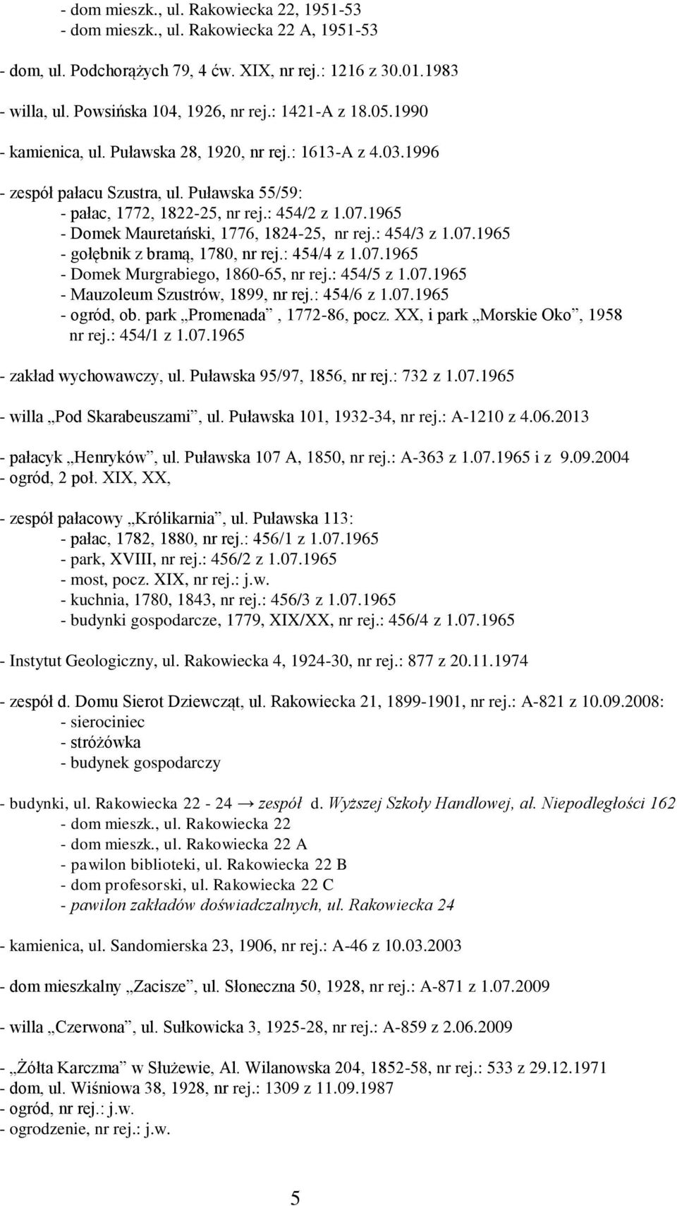 1965 - Domek Mauretański, 1776, 1824-25, nr rej.: 454/3 z 1.07.1965 - gołębnik z bramą, 1780, nr rej.: 454/4 z 1.07.1965 - Domek Murgrabiego, 1860-65, nr rej.: 454/5 z 1.07.1965 - Mauzoleum Szustrów, 1899, nr rej.